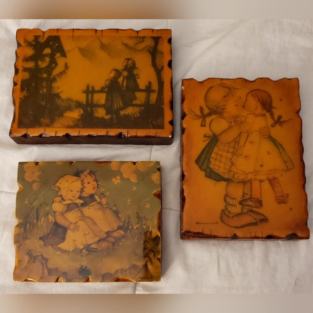 VINTAGE 3PC Wooden Hummel Picture Plaques